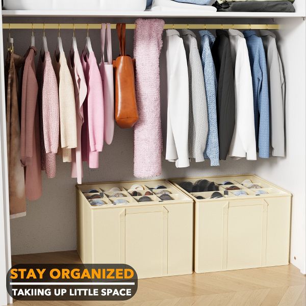 2 Pack Shoe Storage Organizer for closet, a set of 2 foldable shoe storage containers with adjustable dividers,Beige
