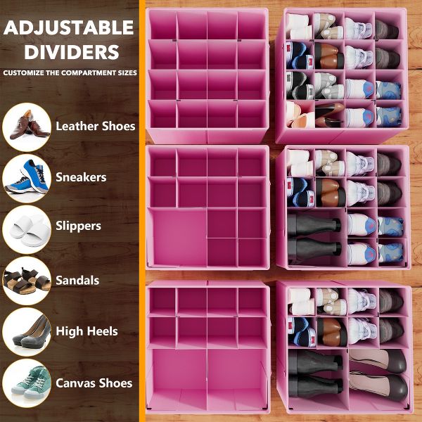 2 Pack Shoe Storage Organizer for closet, a set of 2 foldable shoe storage containers with adjustable dividers,Beige