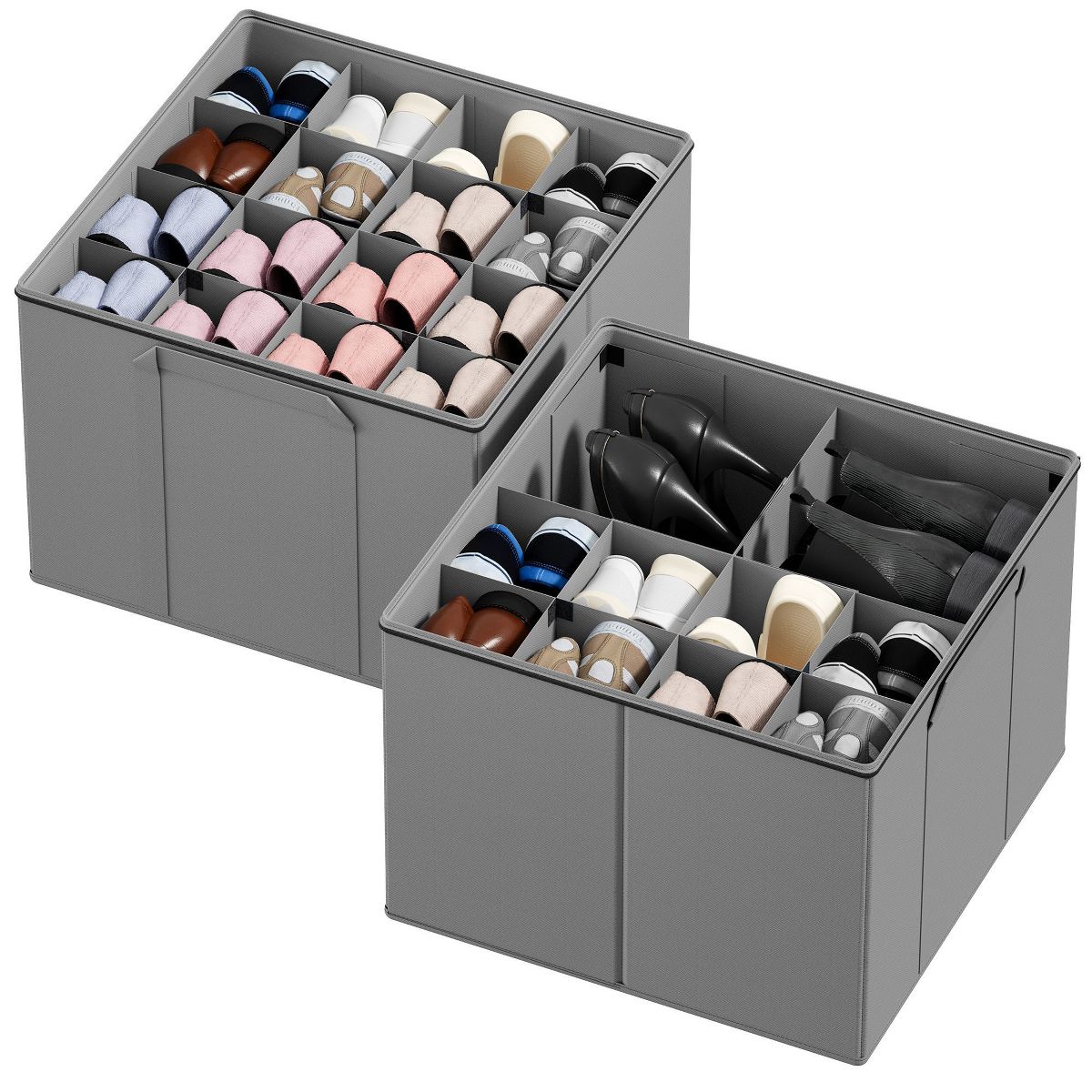 2 Pack Shoe Storage Organizer for closet, a set of 2 foldable shoe storage containers with adjustable dividers,Beige