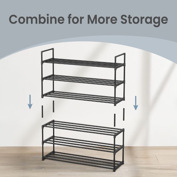 LEDREM 3-Tier Shoe Rack, Metal, 12 to 15 Pairs Shoes, Stackable, for Living Room, Entryway, Black