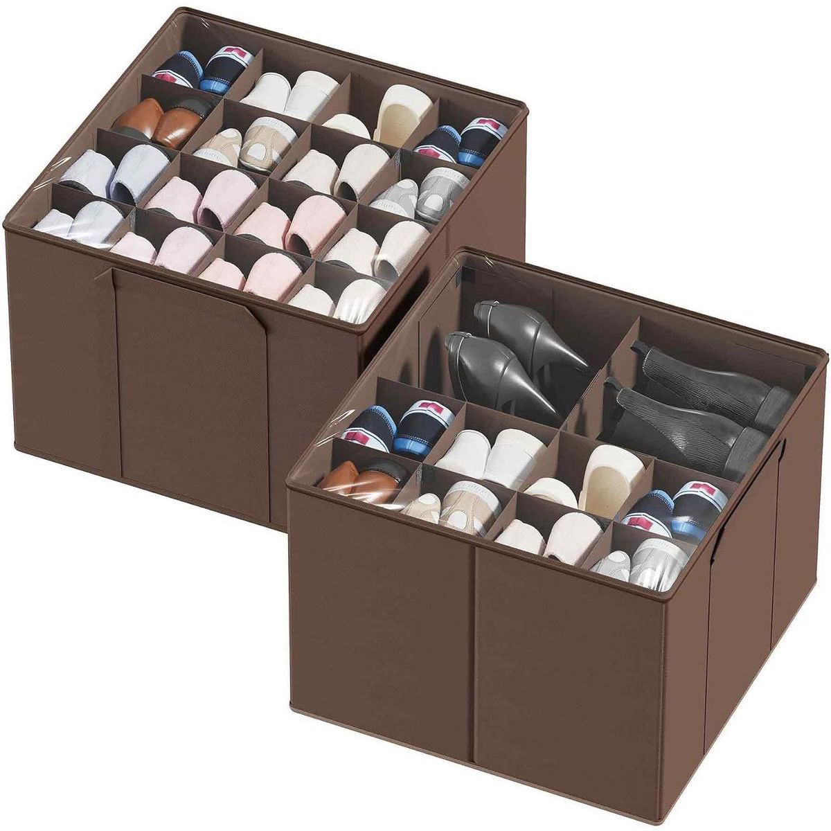 2 Pack Shoe Storage Organizer for closet, a set of 2 foldable shoe storage containers with adjustable dividers,Beige