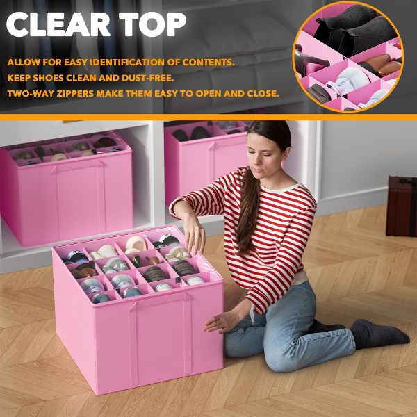 2 Pack Shoe Storage Organizer for closet, a set of 2 foldable shoe storage containers with adjustable dividers,Beige