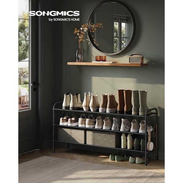 LEDREM 3-Tier Shoe Rack, Metal, 12 to 15 Pairs Shoes, Stackable, for Living Room, Entryway, Black