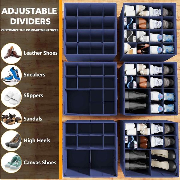 2 Pack Shoe Storage Organizer for closet, a set of 2 foldable shoe storage containers with adjustable dividers,Beige