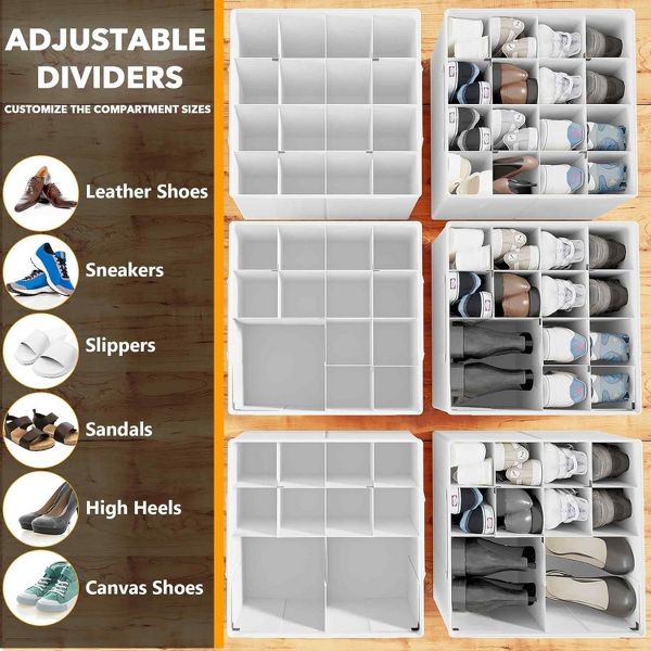 2 Pack Shoe Storage Organizer for closet, a set of 2 foldable shoe storage containers with adjustable dividers,Beige