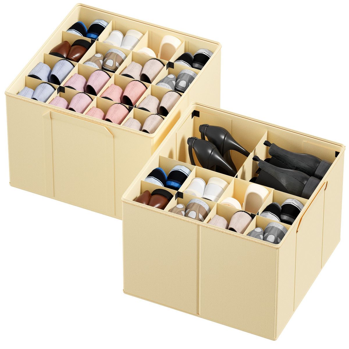 2 Pack Shoe Storage Organizer for closet, a set of 2 foldable shoe storage containers with adjustable dividers,Beige