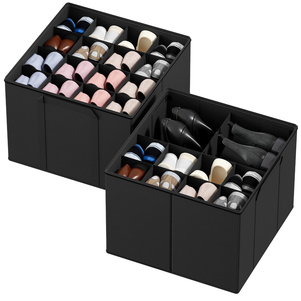 2 Pack Shoe Storage Organizer for closet, a set of 2 foldable shoe storage containers with adjustable dividers,Beige
