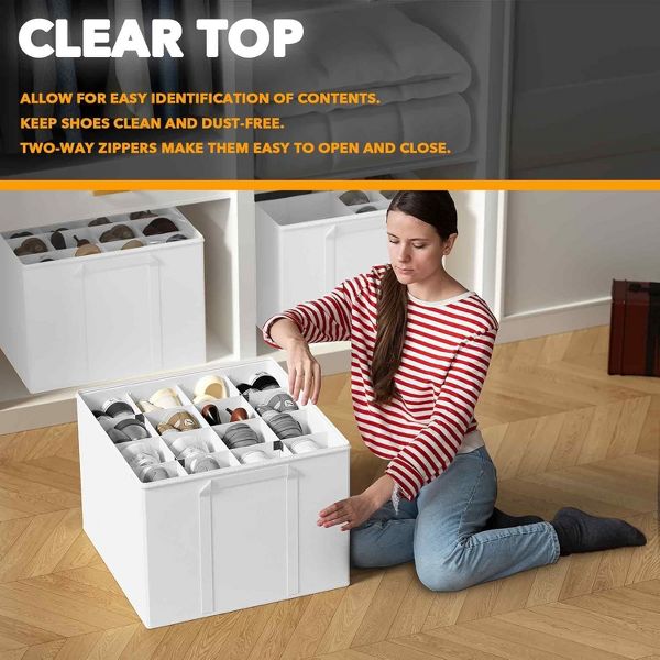 2 Pack Shoe Storage Organizer for closet, a set of 2 foldable shoe storage containers with adjustable dividers,Beige