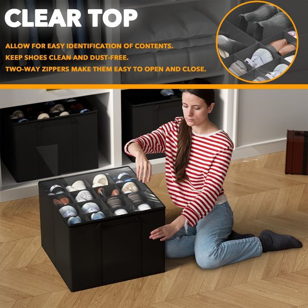 2 Pack Shoe Storage Organizer for closet, a set of 2 foldable shoe storage containers with adjustable dividers,Beige