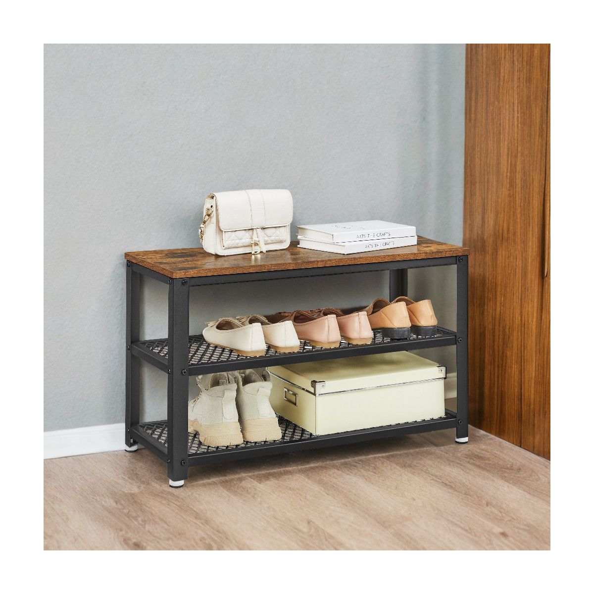 Industrial Chic 3-Tier Shoe Rack Bench with Metal Mesh Shelves - Stylish Entryway Organization and Seating