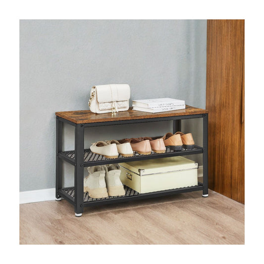 Industrial Chic 3-Tier Shoe Rack Bench with Metal Mesh Shelves - Stylish Entryway Organization and Seating