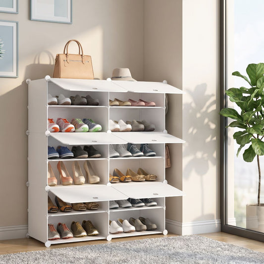 6-Tier Shoe Storage Cabinet, 24-Pair Shoe Organizer with Dustproof Doors & Side Hooks, Freestanding Shoe Rack for Entryway, Bedroom, Closet & Office