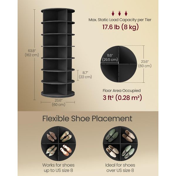 VASAGLE 7-Tier Rotating Shoe Rack Tower, Free Standing 360 Degree Spinning Shoe Organizer, Lazy Susan Bag Display Storage Rack, Black