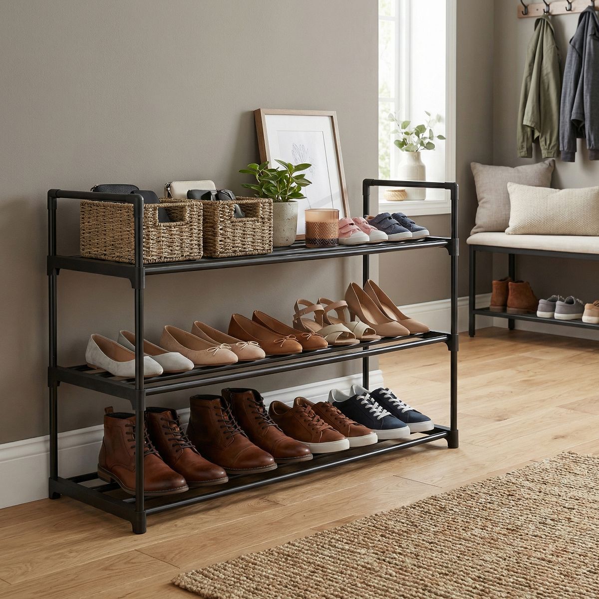 LEDREM 3-Tier Shoe Rack, Metal, 12 to 15 Pairs Shoes, Stackable, for Living Room, Entryway, Black
