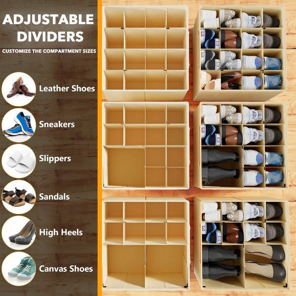 2 Pack Shoe Storage Organizer for closet, a set of 2 foldable shoe storage containers with adjustable dividers,Beige