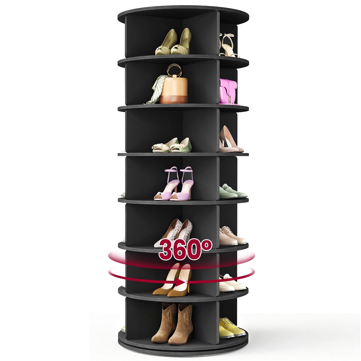 VASAGLE 7-Tier Rotating Shoe Rack Tower, Free Standing 360 Degree Spinning Shoe Organizer, Lazy Susan Bag Display Storage Rack, Black