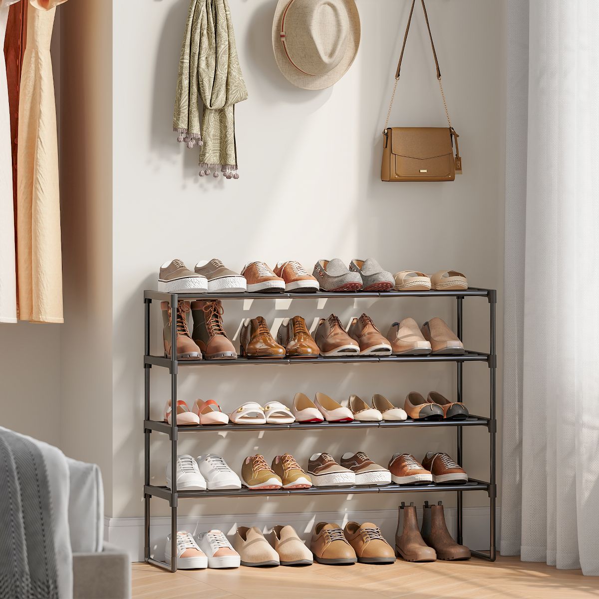 LEDREM 3-Tier Shoe Rack, Metal, 12 to 15 Pairs Shoes, Stackable, for Living Room, Entryway, Black