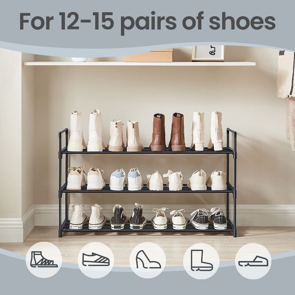 LEDREM 3-Tier Shoe Rack, Metal, 12 to 15 Pairs Shoes, Stackable, for Living Room, Entryway, Black