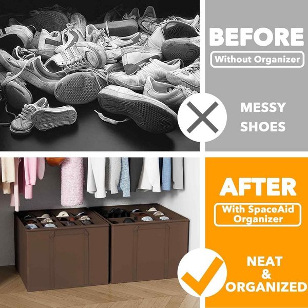 2 Pack Shoe Storage Organizer for closet, a set of 2 foldable shoe storage containers with adjustable dividers,Beige