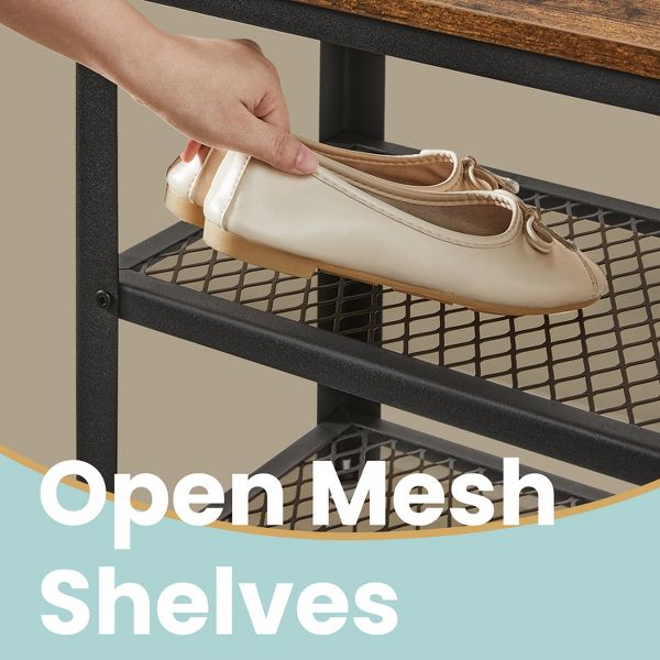 Industrial Chic 3-Tier Shoe Rack Bench with Metal Mesh Shelves - Stylish Entryway Organization and Seating