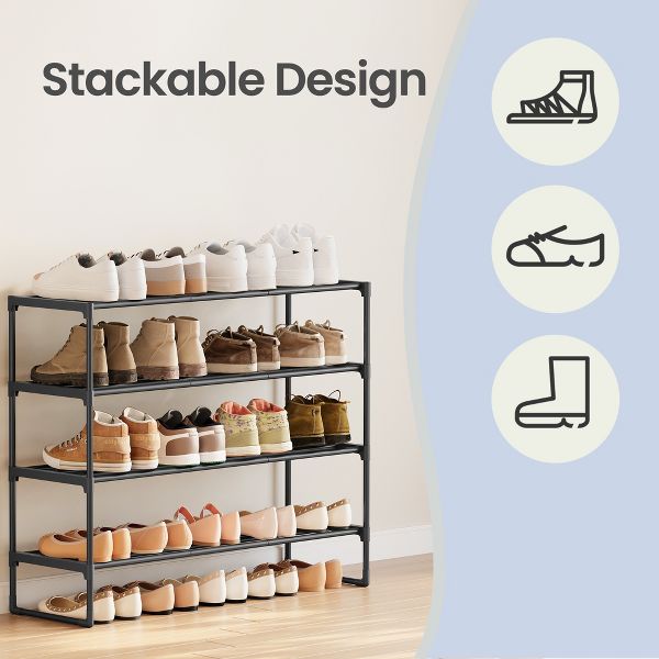 LEDREM 3-Tier Shoe Rack, Metal, 12 to 15 Pairs Shoes, Stackable, for Living Room, Entryway, Black