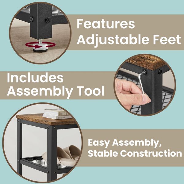 Industrial Chic 3-Tier Shoe Rack Bench with Metal Mesh Shelves - Stylish Entryway Organization and Seating