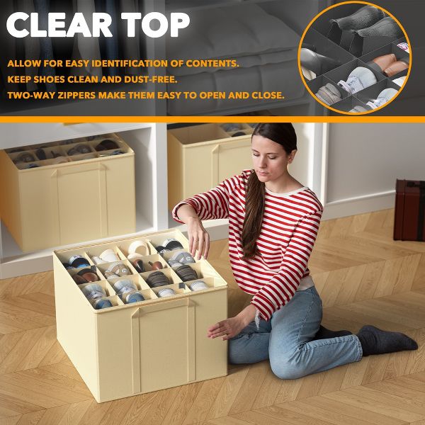 2 Pack Shoe Storage Organizer for closet, a set of 2 foldable shoe storage containers with adjustable dividers,Beige