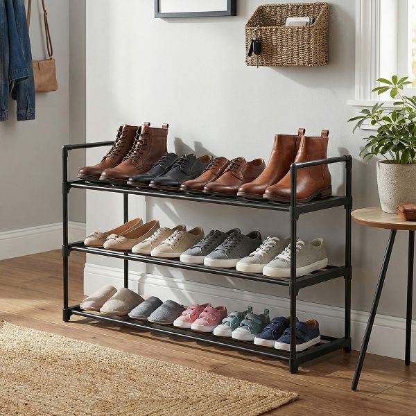 LEDREM 3-Tier Shoe Rack, Metal, 12 to 15 Pairs Shoes, Stackable, for Living Room, Entryway, Black