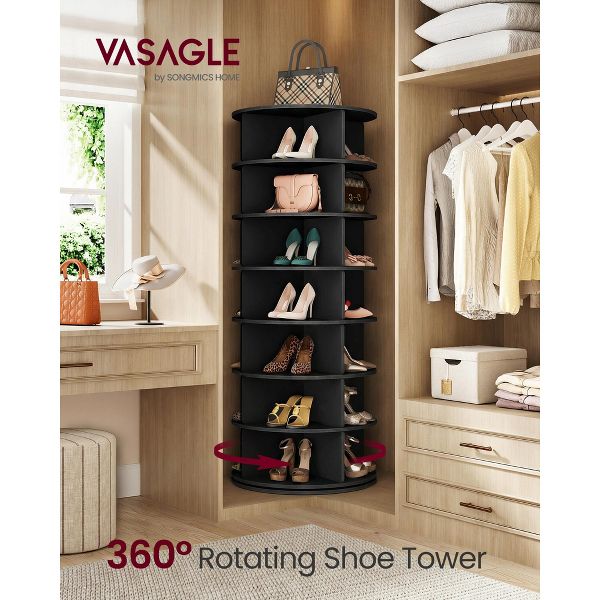 VASAGLE 7-Tier Rotating Shoe Rack Tower, Free Standing 360 Degree Spinning Shoe Organizer, Lazy Susan Bag Display Storage Rack, Black