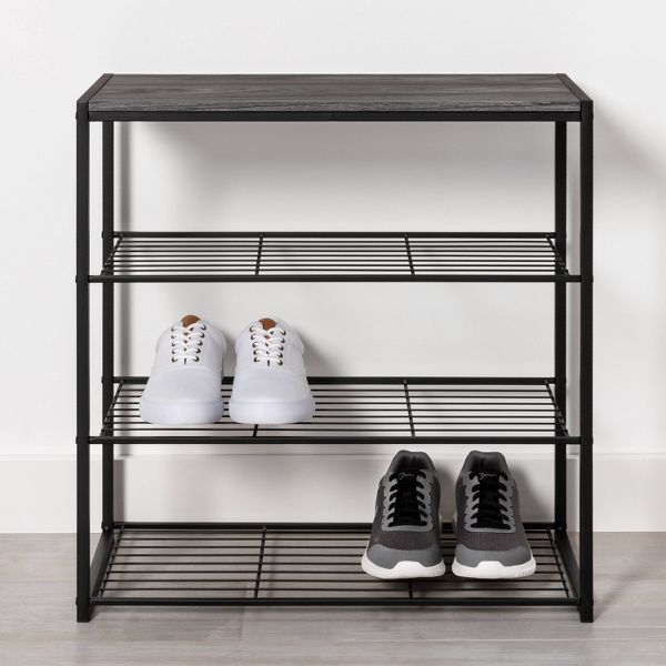 4 Tier Shoe Rack Black Metal with Black Oak Wood - Brightroom™