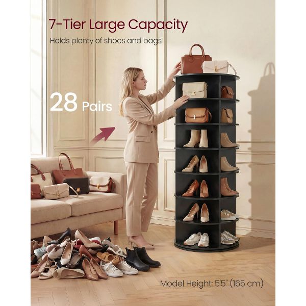 VASAGLE 7-Tier Rotating Shoe Rack Tower, Free Standing 360 Degree Spinning Shoe Organizer, Lazy Susan Bag Display Storage Rack, Black
