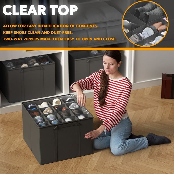 2 Pack Shoe Storage Organizer for closet, a set of 2 foldable shoe storage containers with adjustable dividers,Beige
