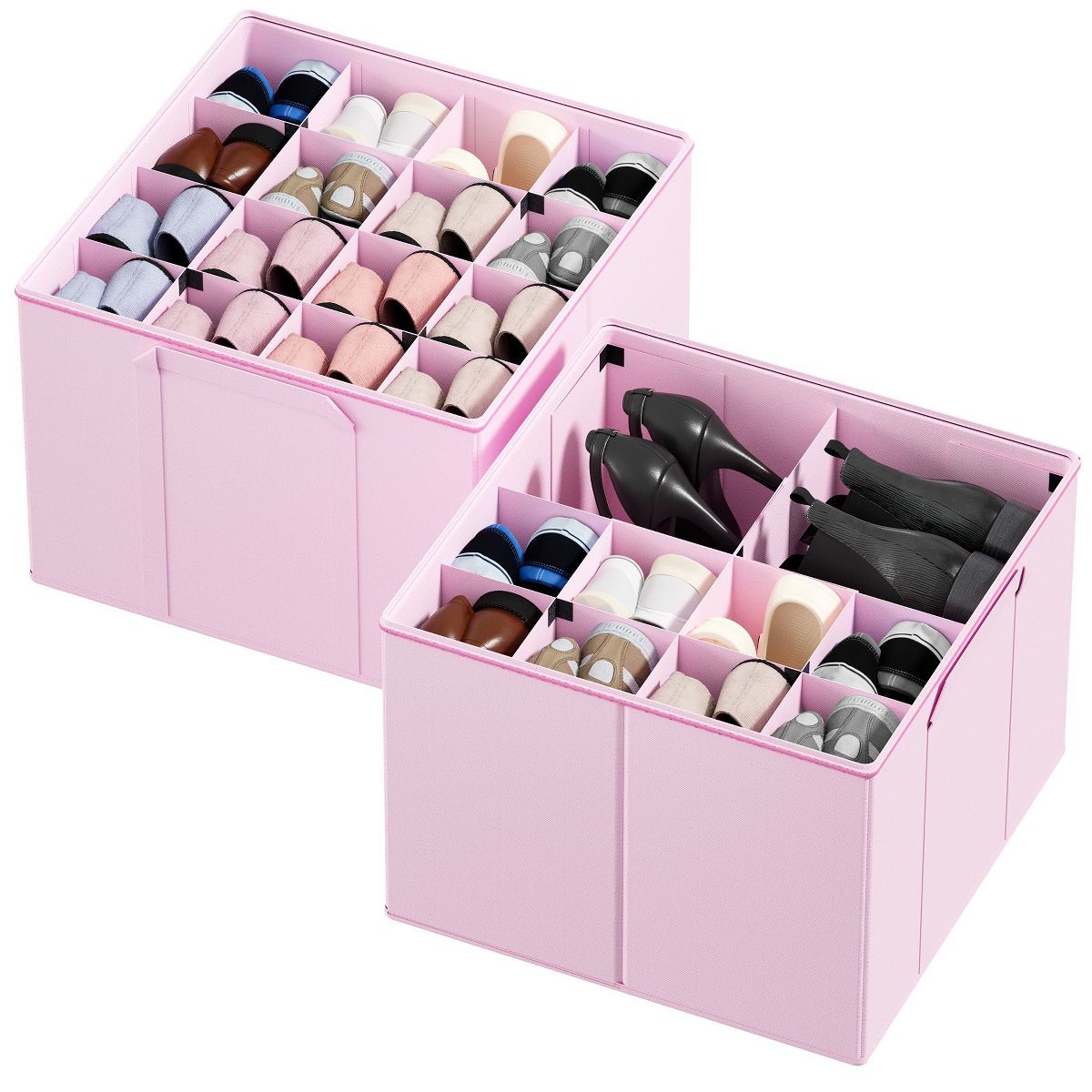 2 Pack Shoe Storage Organizer for closet, a set of 2 foldable shoe storage containers with adjustable dividers,Beige