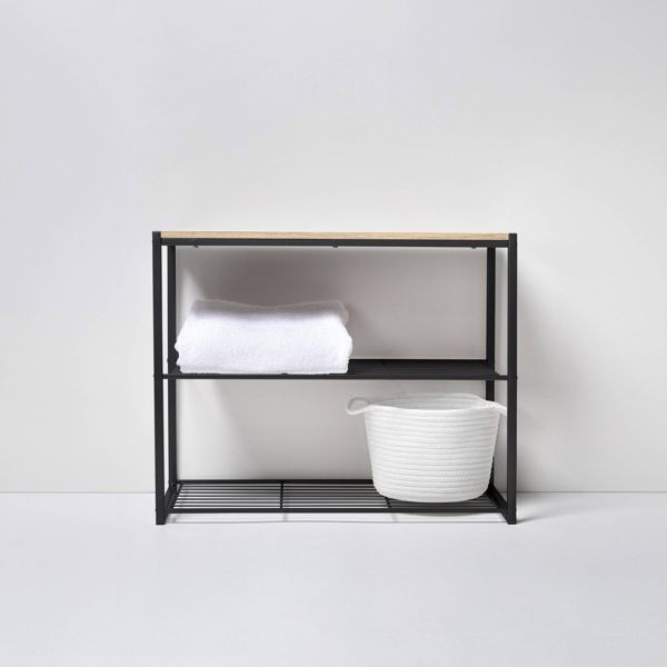 3 Tier Shoe Rack Black Metal with Natural Wood - Brightroom™