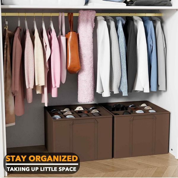 2 Pack Shoe Storage Organizer for closet, a set of 2 foldable shoe storage containers with adjustable dividers,Beige
