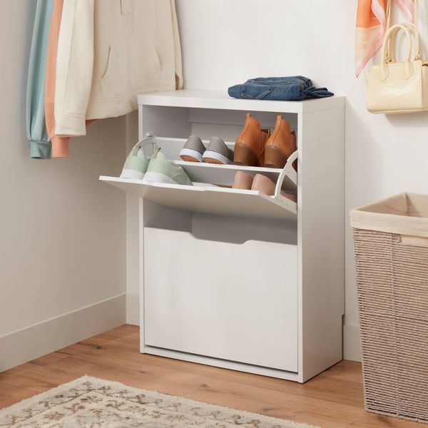 Laminate Pivot Open Shoe Cabinet White - Brightroom™: Shoe Organizer, Holds 12 Pairs, Wood Laminate, Freestanding