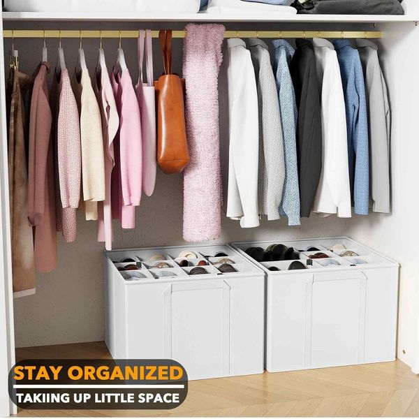 2 Pack Shoe Storage Organizer for closet, a set of 2 foldable shoe storage containers with adjustable dividers,Beige
