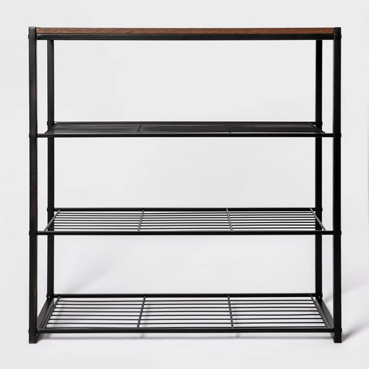 4 Tier Shoe Rack Black Metal with Walnut Wood - Brightroom™