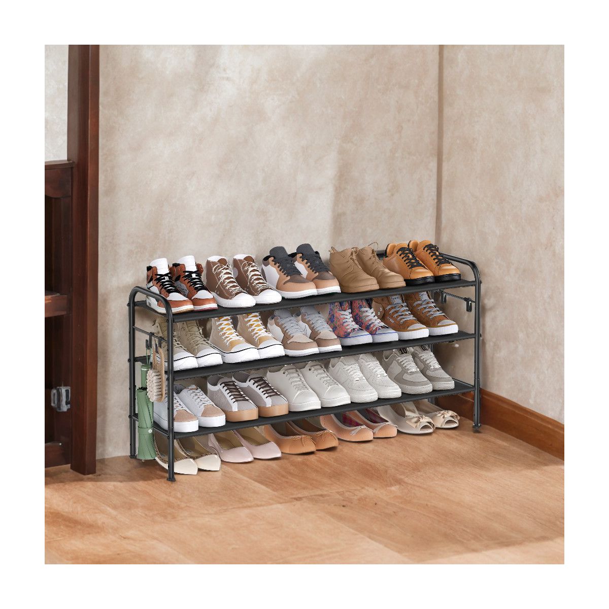 LEDREM 3-Tier Shoe Rack, Metal, 12 to 15 Pairs Shoes, Stackable, for Living Room, Entryway, Black