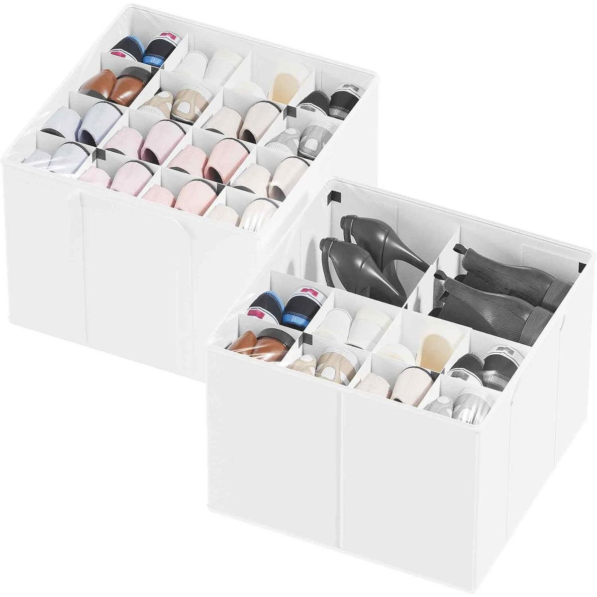 2 Pack Shoe Storage Organizer for closet, a set of 2 foldable shoe storage containers with adjustable dividers,Beige