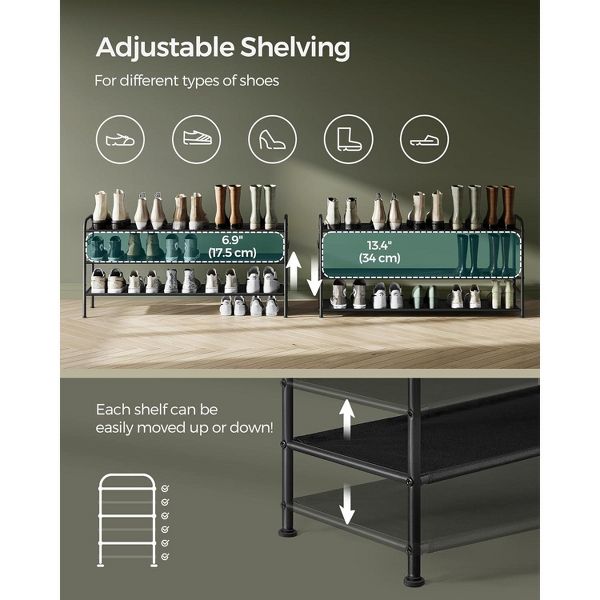 LEDREM 3-Tier Shoe Rack, Metal, 12 to 15 Pairs Shoes, Stackable, for Living Room, Entryway, Black